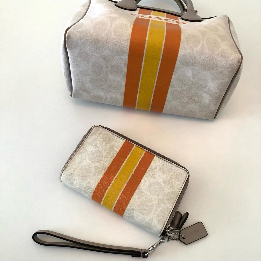 Coach Varsity Stripe Mini Bennett Satchel & Wristlet Cream Orange Yellow F38401 - Picture 11 of 17